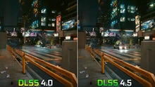 Скриншот: сравнение графики DLSS 4. и DLSS 4.5 в городской ночной сцене.