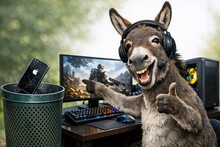 Осел в наушниках показывает большой палец, сидя у компьютерного стола.