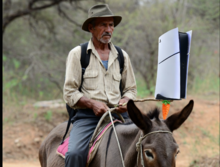 Мужчина в шляпе едет на осле, на которого прикреплён белый лист бумаги.