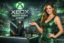 Модель в зелёном платье демонстрирует новый игровой консоль Xbox в стильном интерьере.