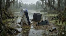 Затопленные консоли и устройства в грязном болоте среди мохнатых деревьев.