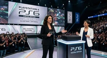Женщины на сцене презентации PlayStation, зрители applaud.