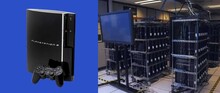 Игровая консоль PlayStation 3 с контроллером рядом с серверной оборудования.