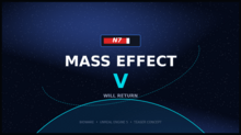 Логотип игры "Mass Effect V" на фоне звездного неба.