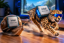 Гепард в солнечных очках мчится рядом с улиткой на деревянной поверхности.