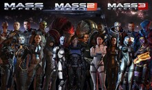 Группа персонажей из игры Mass Effect, каждый в уникальном наряде и с оружием.