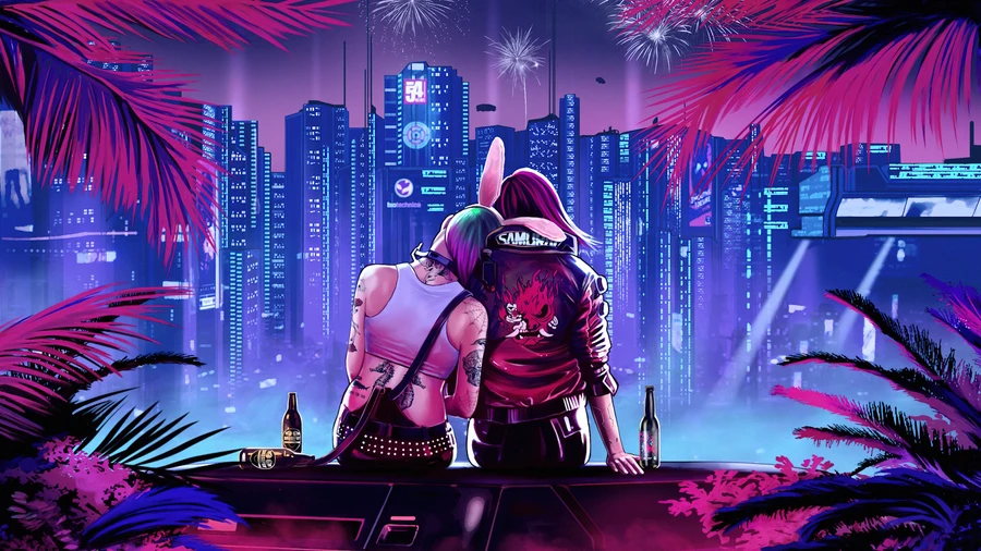 Два персонажа с яркими волосами, обнимающиеся на фоне неонового города Cyberpunk 2077.