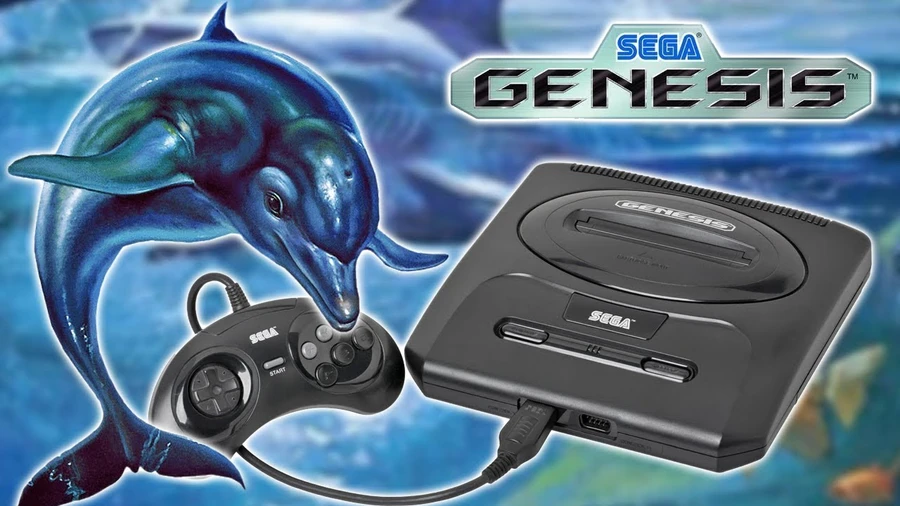 Логотип Sega Genesis с игровой приставкой и джойстиком на фоне морской тематики.
