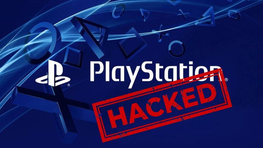 Логотип PlayStation с красной печатью "HACKED" на синем фоне.