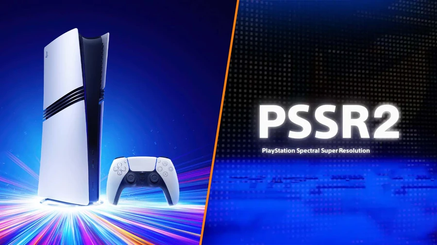 Консоль PlayStation 5 и контроллер на фоне синего света. Логотип PSSR2.