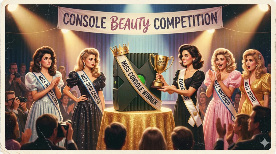 Шесть женщин в вечерних платьях на конкурсе красоты, одна из них держит трофей.