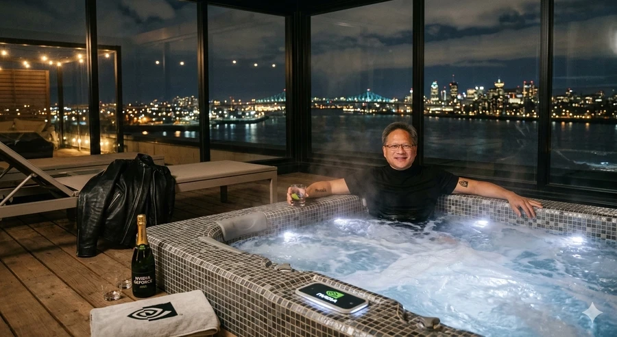 Человек в шортах расслабляется в джакузи с видом на ночной город.