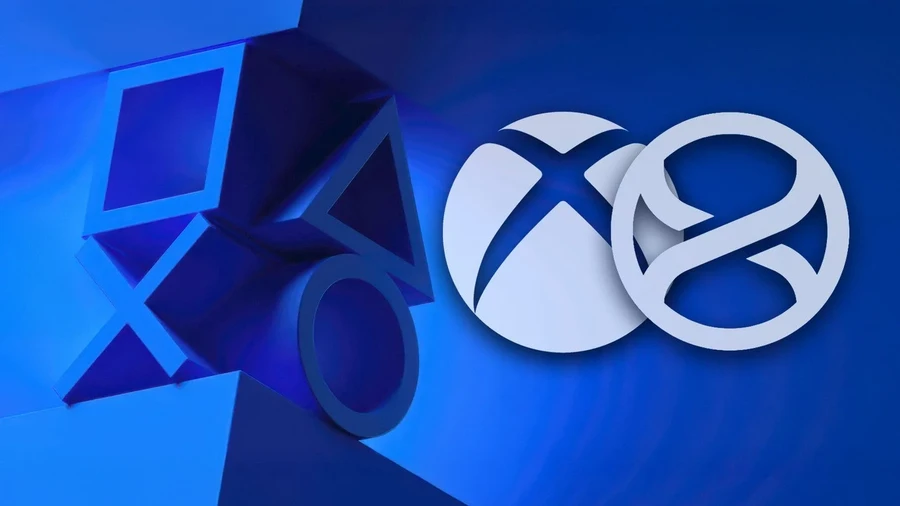 Логотипы PlayStation, Xbox и другого бренда на синем фоне.