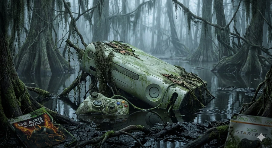Заброшенная игровая консоль и контроллер, поросшие мхом, в тёмном болоте.