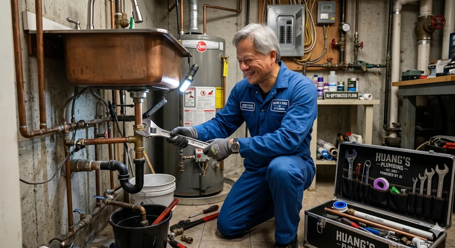 Мужчина в синем комбинезоне ремонтирует раковину с инструментами вокруг.