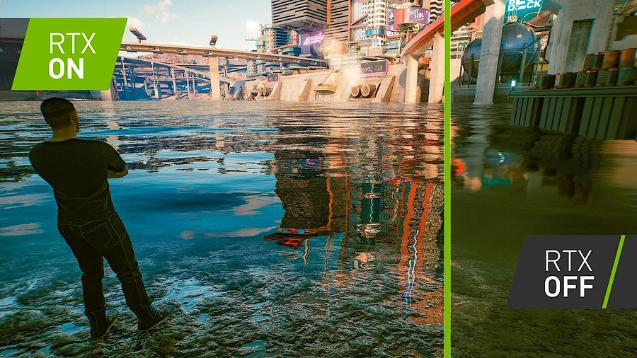 На картинке сравниваются два режима графики: слева эффектный пейзаж с отражениями, справа — упрощённый.