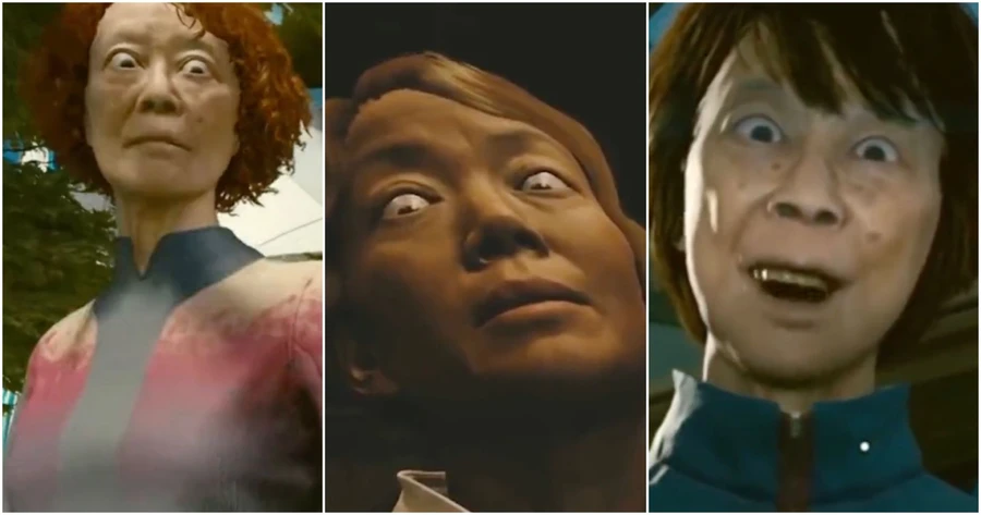 Три женщины с преувеличенными выражениями лиц, каждая в уникальном наряде.