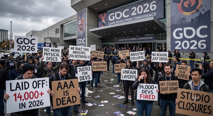 Толпа людей с плакатами на фоне здания GDC 2026. Обстановка протестная.