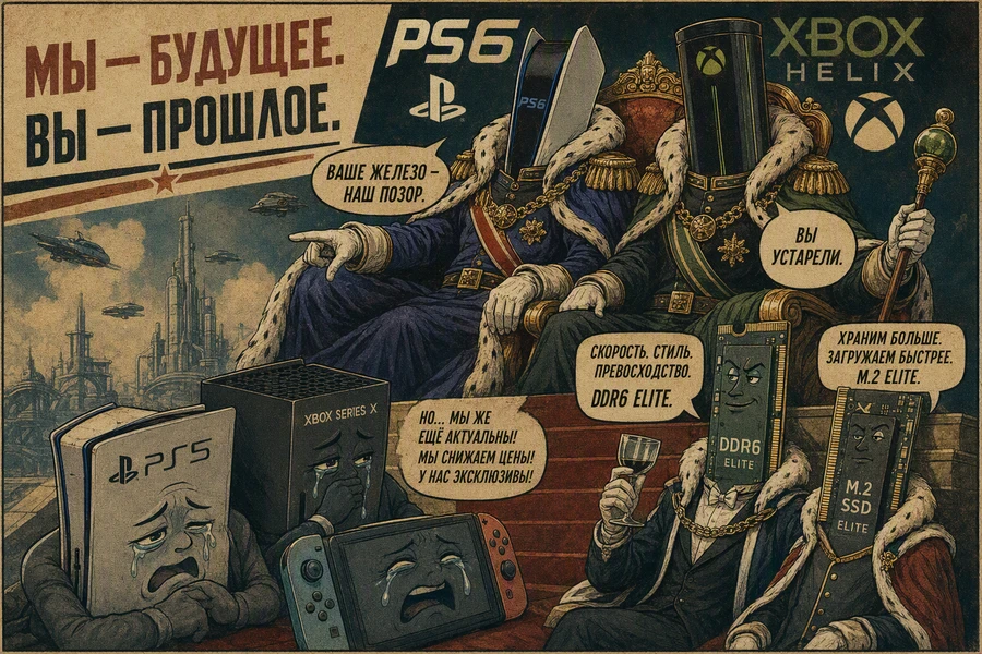 Планета с персонажами, символизирующими PS6 и Xbox, обсуждающими технологии.