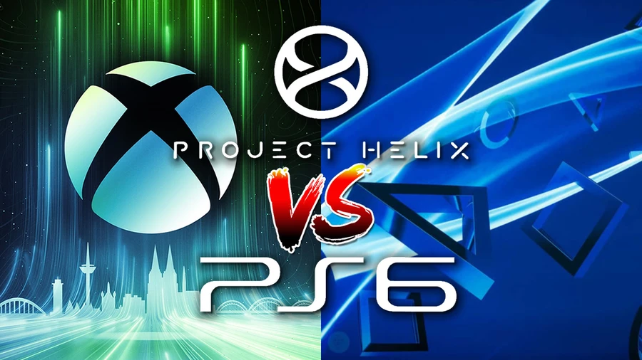 Логотип Xbox слева, логотип PlayStation справа, между ними текст "vs" на фоне светящихся линий.