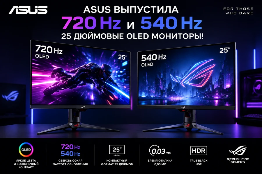 ASUS выпустила 720 Hz и 540 Hz 25 дюймовые OLED мониторы!