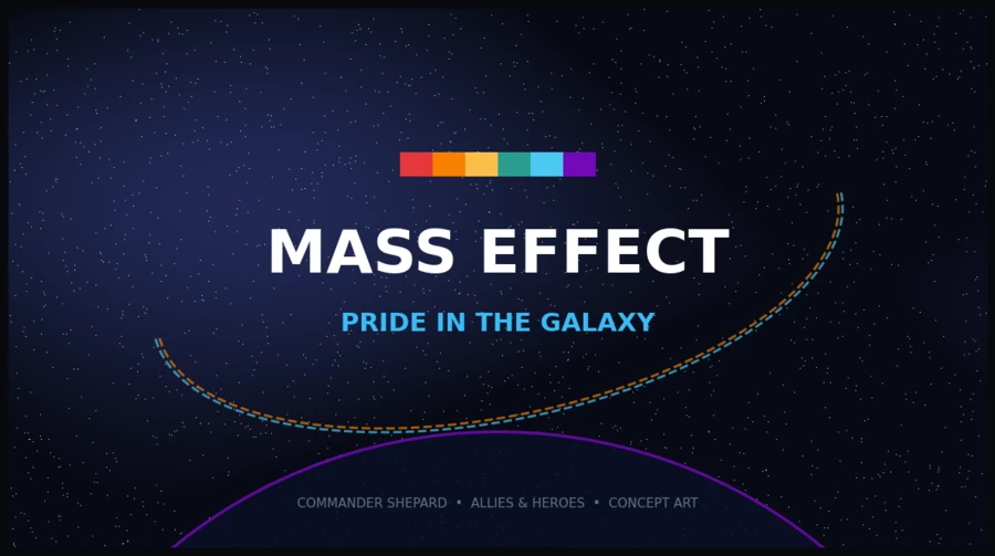 Логотип Mass Effect с яркими полосами на фоне звездного неба.