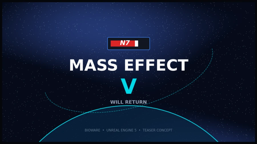 Логотип игры "Mass Effect V" на фоне звездного неба.