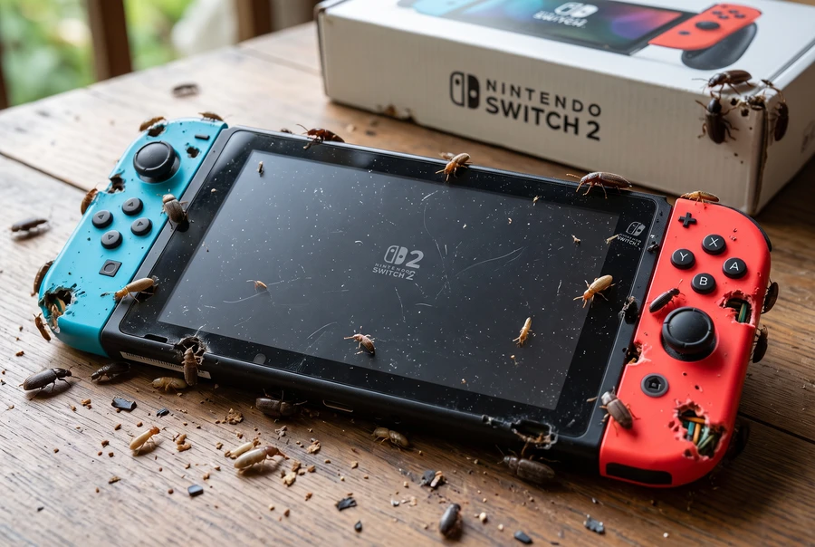 На столе находится консоль Nintendo Switch 2, окруженная насекомыми.