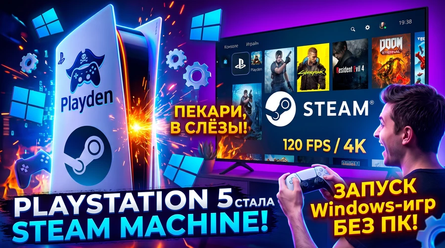 Логотип Playden рядом с PlayStation 5 и экраном с играми Steam. Человек с контроллером.