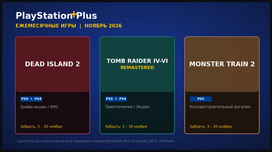 Скриншот с играми для PlayStation Plus: Dead Island 2, Tomb Raider и Monster Train 2.