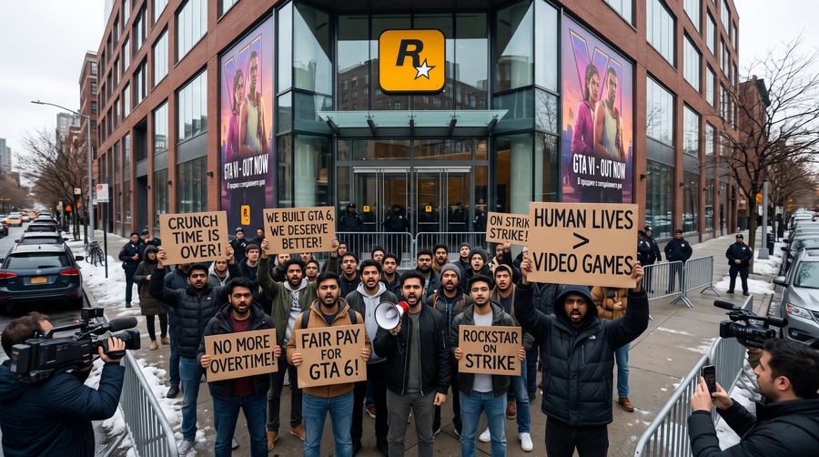 Группа людей с плакатами протестует у здания компании Rockstar Games.