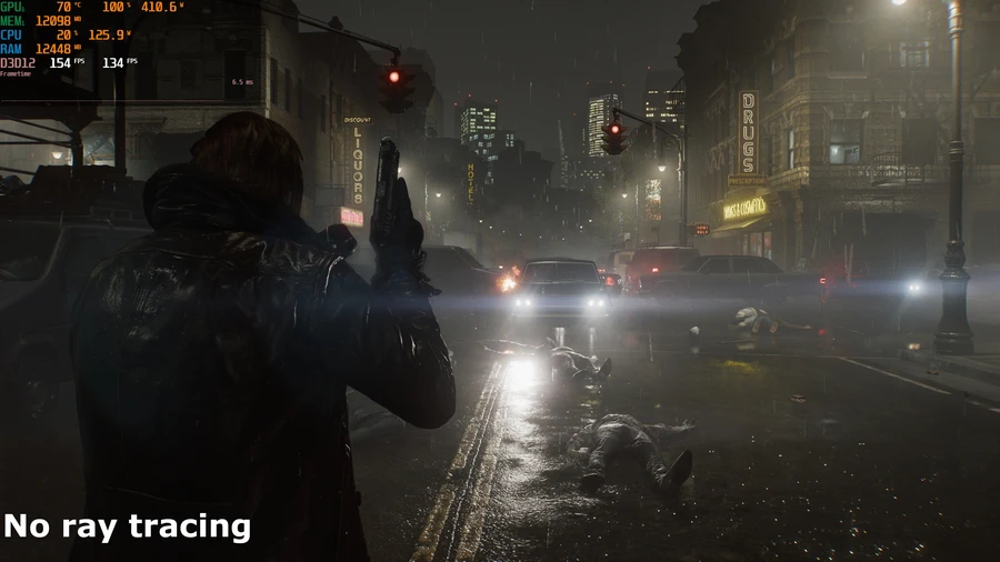 A screenshot of the PC version of Capcom's Resident Evil Requiem, showing the impact of the use of ray/path tracing on lighting and shadowing