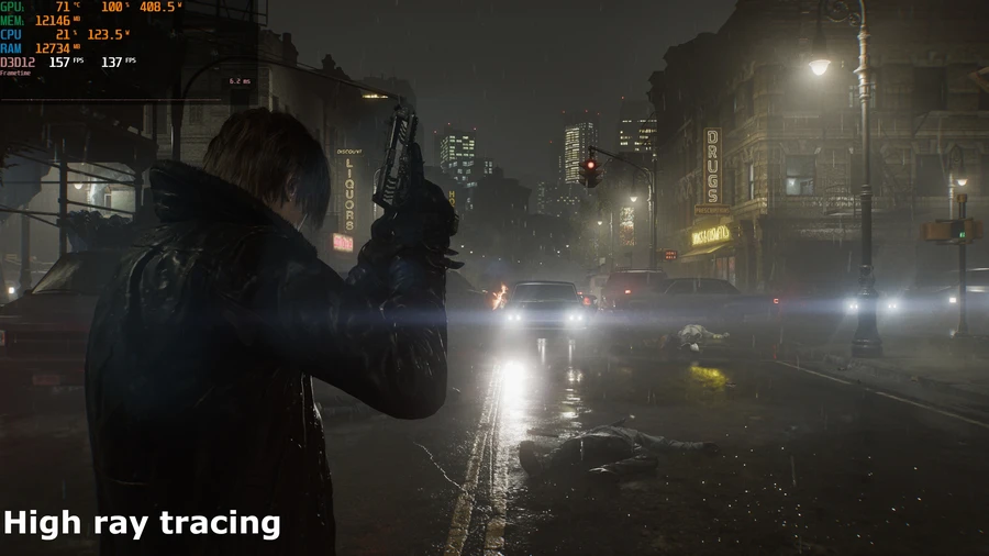 A screenshot of the PC version of Capcom's Resident Evil Requiem, showing the impact of the use of ray/path tracing on lighting and shadowing