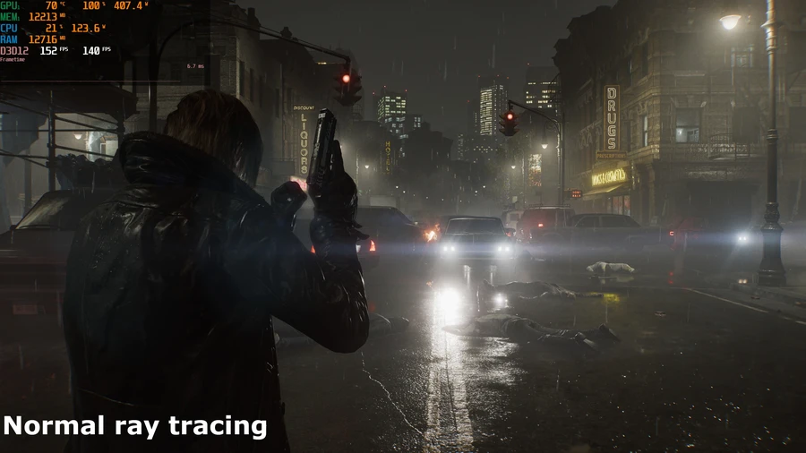 A screenshot of the PC version of Capcom's Resident Evil Requiem, showing the impact of the use of ray/path tracing on lighting and shadowing