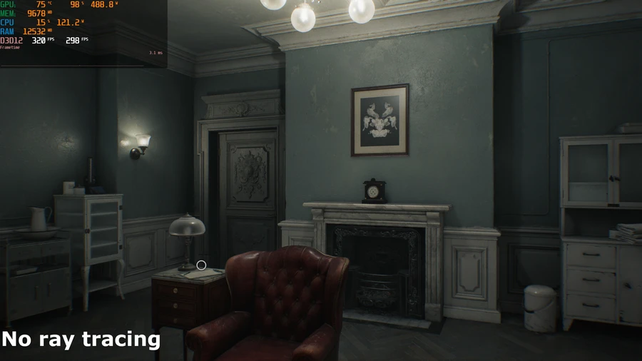 A screenshot of the PC version of Capcom's Resident Evil Requiem, showing the impact of the use of ray/path tracing on lighting and shadowing
