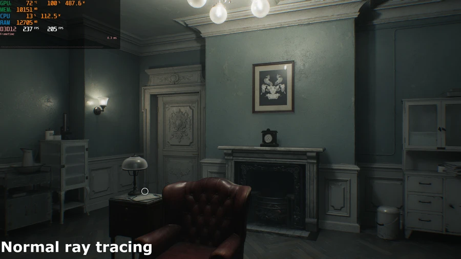 A screenshot of the PC version of Capcom's Resident Evil Requiem, showing the impact of the use of ray/path tracing on lighting and shadowing