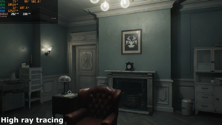 A screenshot of the PC version of Capcom's Resident Evil Requiem, showing the impact of the use of ray/path tracing on lighting and shadowing