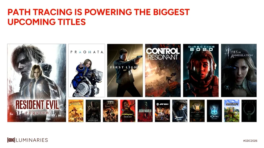 A presentation slide titled 'PATH TRACING IS POWERING THE BIGGEST UPCOMING TITLES' showcases upcoming games including Resident Evil Requiem, Pragmata, 007 First Light, Control Resonant, Directive 8020, and Tides of Annihilation.