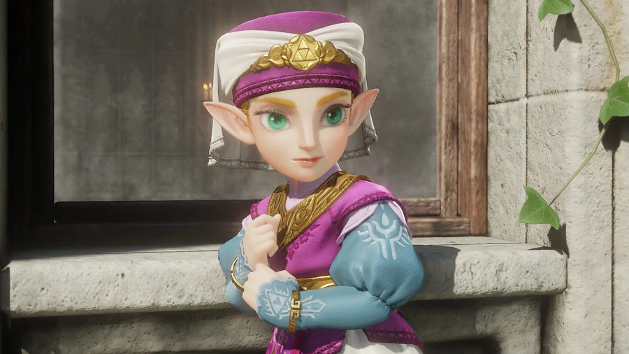 A character from the Zelda video game series, wearing a purple and white outfit with golden embellishments, stands in front of a stone wall with leaves.