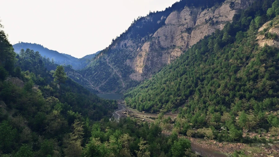 A detailed rendering of a lush, tree-covered valley with steep rock formations, likely from a high-resolution game or graphics engine.