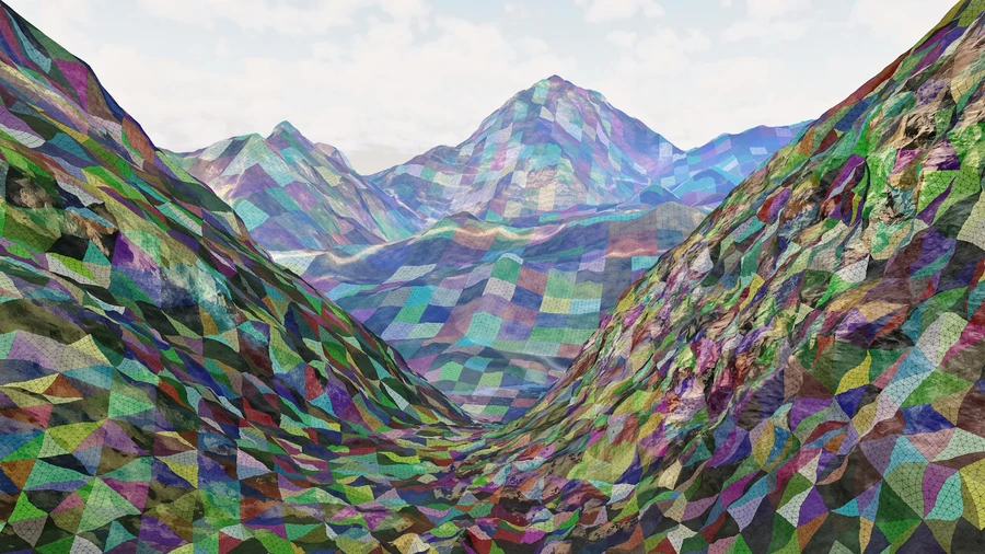 A 3D rendering of colorful, quilt-like polygonal textures covering a mountain landscape.