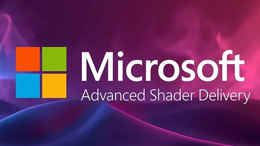 The image shows the Microsoft logo with the text 'Advanced Shader Delivery' on a purple and blue gradient background.