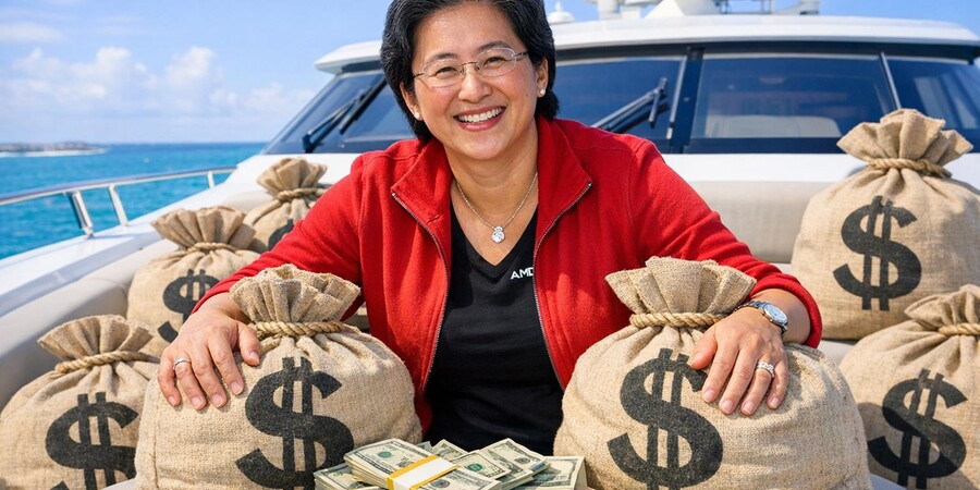 Лиза Су из АМД улыбается на яхте, окружённая мешками с деньгами.