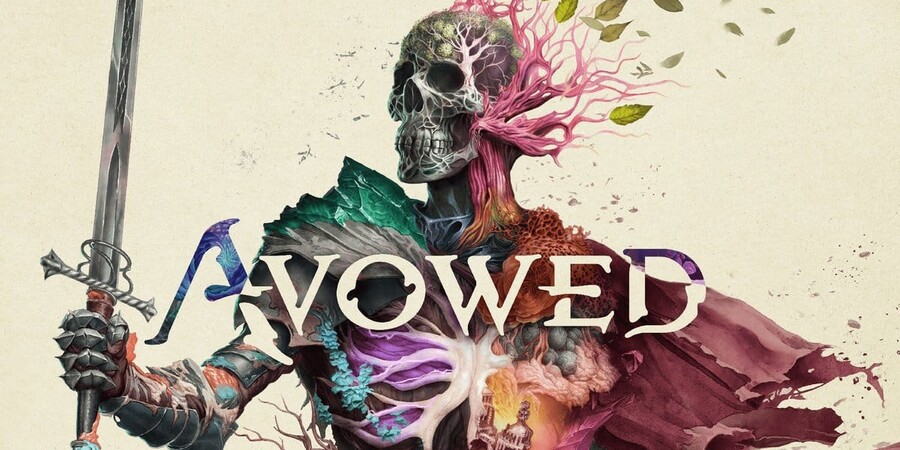 Скелет с мечом на фоне цветных элементов и надписью "AVOWED".