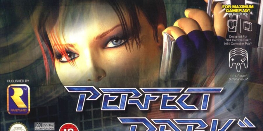 Логотип видеоигры "Perfect Dark", с персонажем и элементами оружия на заднем плане.