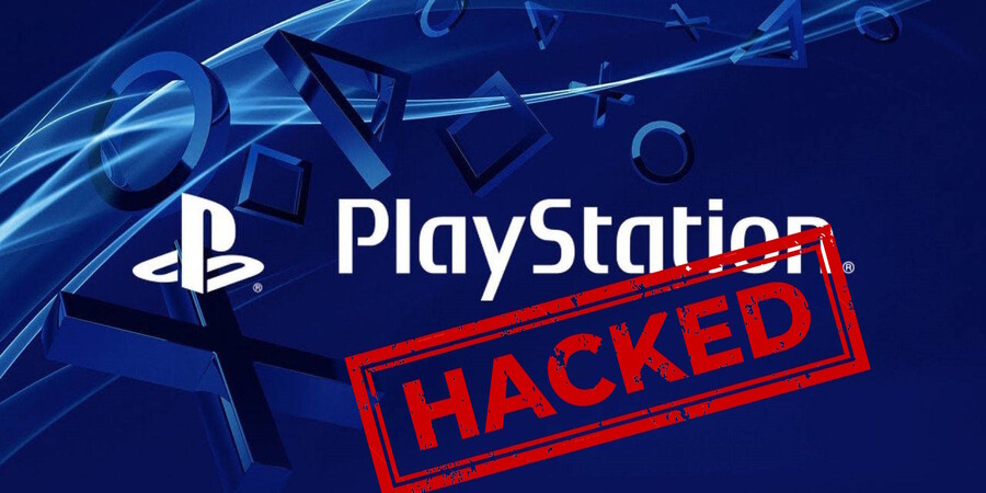 Логотип PlayStation с красной печатью "HACKED" на синем фоне.