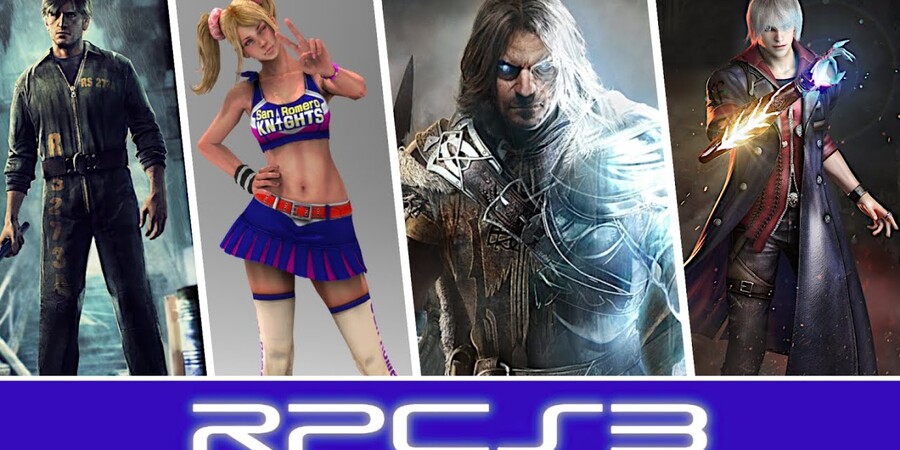 Логотип RPCS3 с изображениями персонажей из видеоигр на фоне.