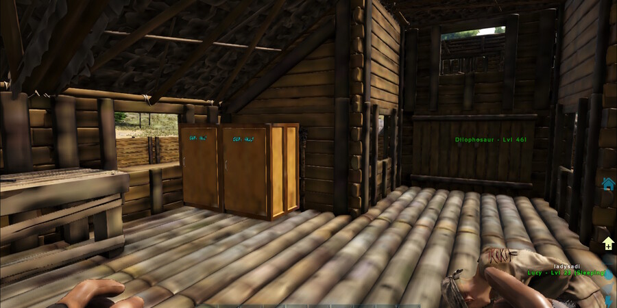 Внутреннее пространство деревянного строения с двумя шкафами и деревянным полом.