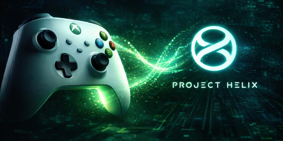 Белый игровой контроллер на фоне цифровых узоров и логотипом Project Helix.