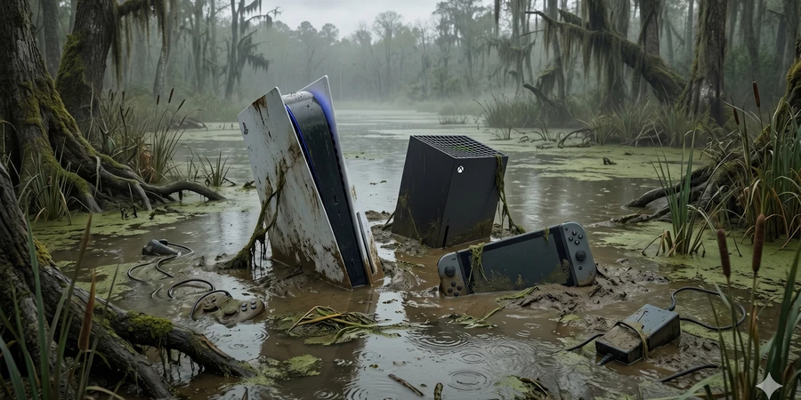 Затопленные консоли и устройства в грязном болоте среди мохнатых деревьев.